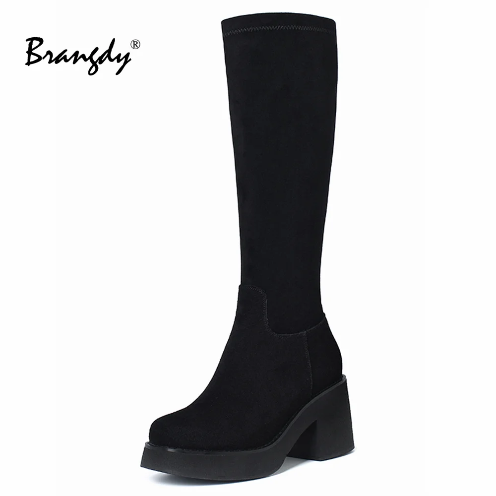 

Brangdy Morden Women Knee Hight Boots Genuine Leather Platform Women Shoes Round Toe Zipper Women Winter Boots Fur Square Heels