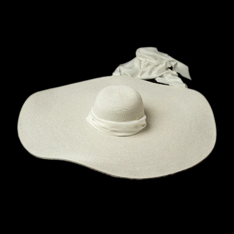 Women White 25cm OVERSIZED Sun Hat Soft Silk Ribbon Tie Wide Brim Floppy Hat Giant Beach Straw Hat Summer Kuntucky Derby Hat Cap