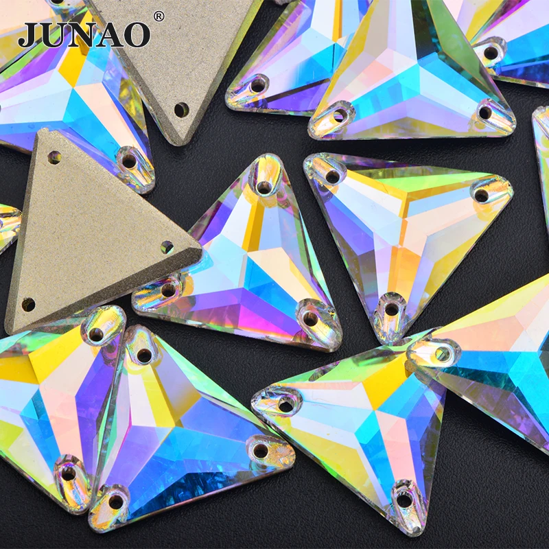 JUNAO 12mm 16mm 22mm Sewing Clear AB Triangle Glass Rhinestones Flatback Fancy Strass Diamond Sewn Crystal Stone for Crafts