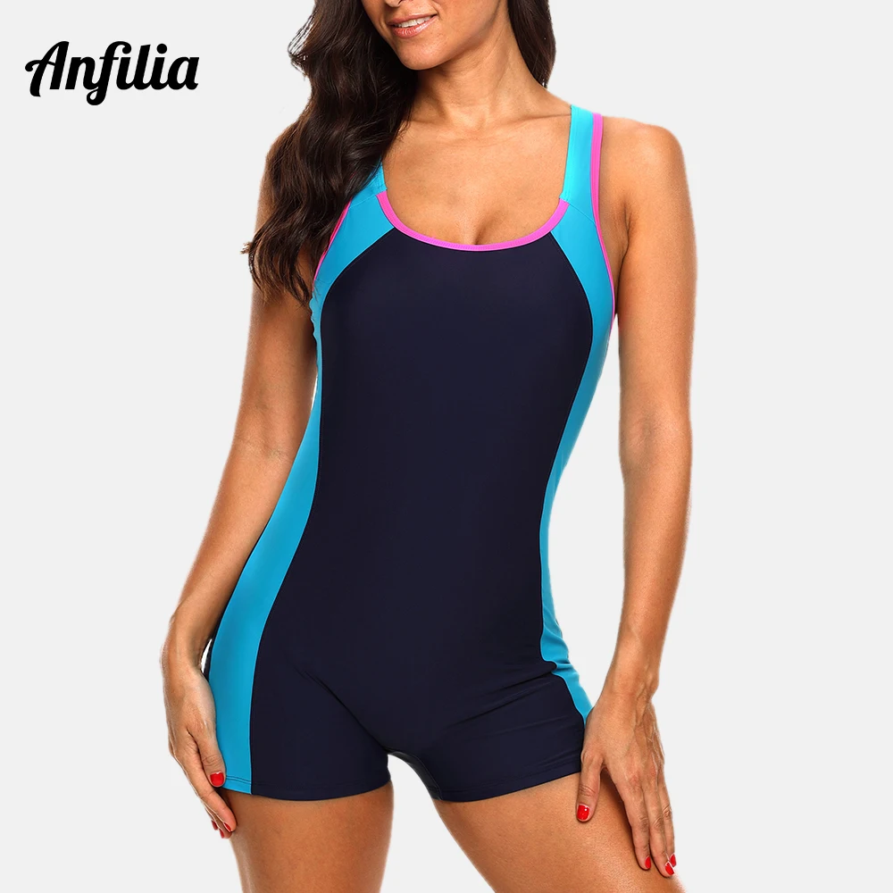 

Anfilia Women One Piece Sports Swimwear Sports Swimsuit Colorblock Anthletic Swimwear Open Back Beach Wear Fitness Bathing Suits