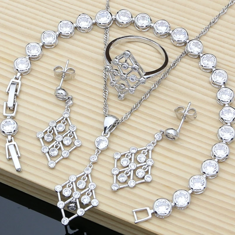 Beloved White Crystal Bridal Wedding 925 Silver Jewelry Set Rocking Beads Charm Fine Jewellry Women Necklace Set Dropshipping