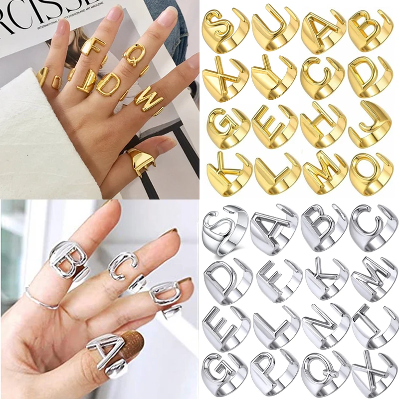 Rinhoo A-Z 26 Letter Initials Ring For Women Trendy 3 Color Name Alphabet Chunky Adjustable Finger Female Party Jewelry Gift Men