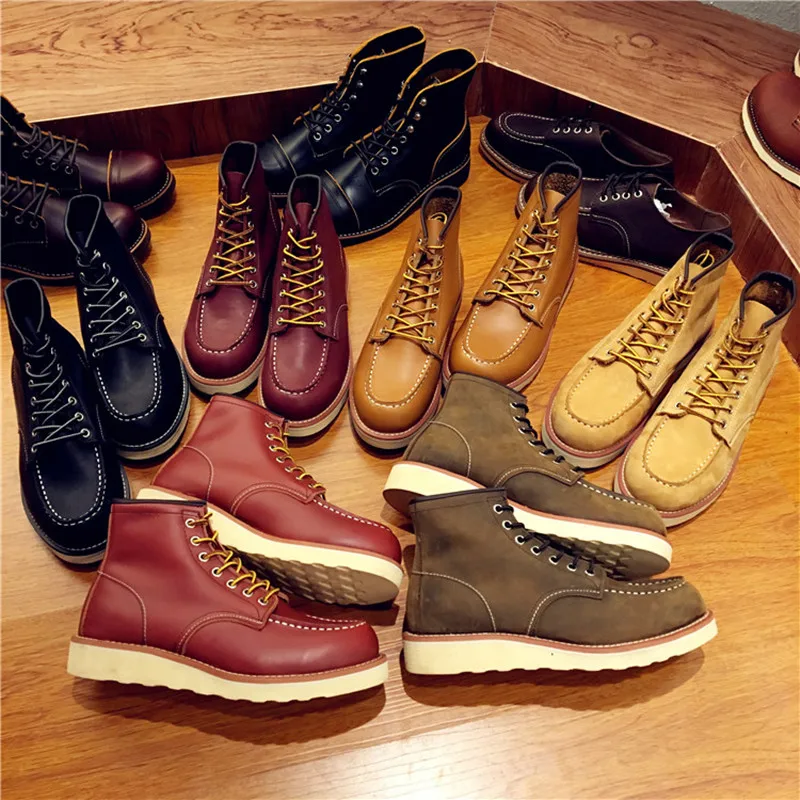 New Handmade Breathable High Quality Fashion Genuine Leather Men Shoes Red Ankle Boots Wings Motorcycle Boots Lace-up Work Boots