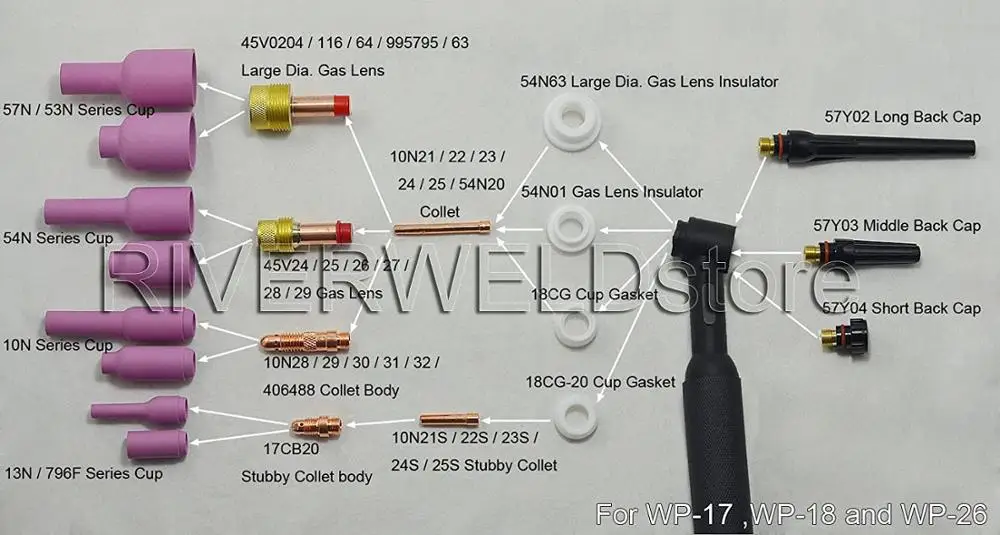 Imagem -03 - Tig Gás Lente Alumina Bico Cerâmica Copo Longo 54n16l 6l Orifício Caber sr Dta db wp 17 18 26 Tig Tocha de Soldagem 5pk