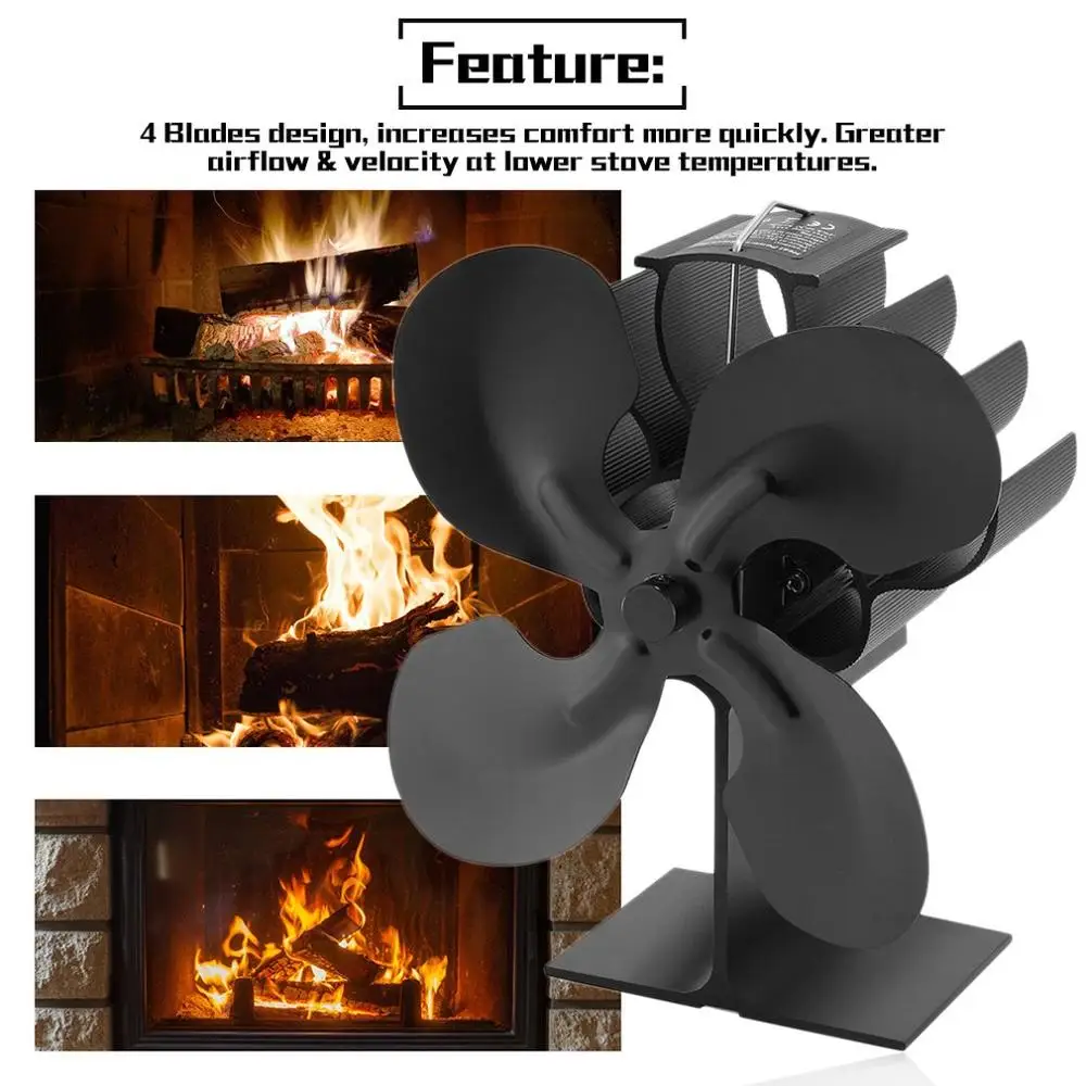 

Black Fireplace 4 Blade Heat Powered Stove Fan komin Log Wood Burner Eco Friendly Quiet Fan Home Efficient Heat Distribution