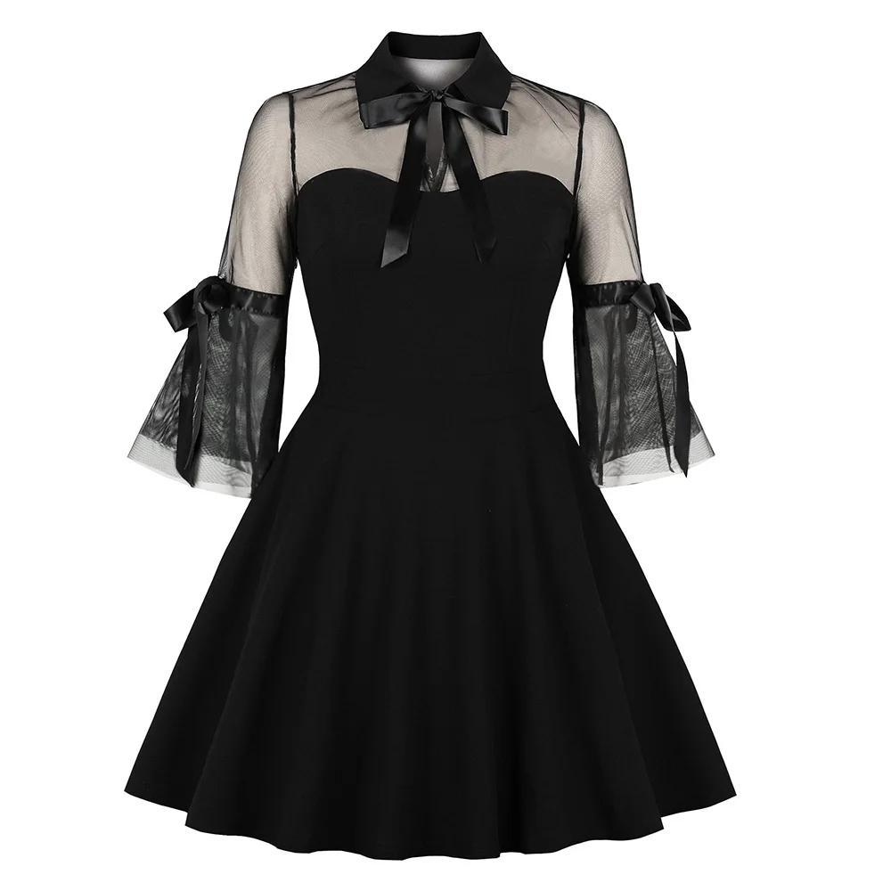 Rosetic-Vestido corto gótico para mujer, Sexy minivestido de retales de malla negra, transparente, manga acampanada, drapeado, elegante, para fiesta de los años 50 y 60