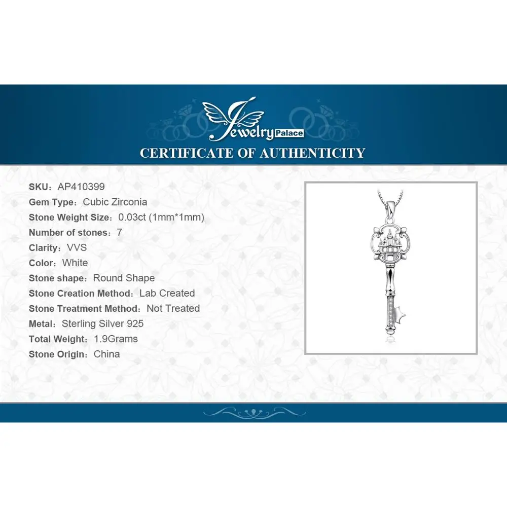 JewelryPalace Castle Key Crown 925 Sterling Silver Pendant Necklace Cubic Zirconia Simulated Diamond Pendant for Women No Chain