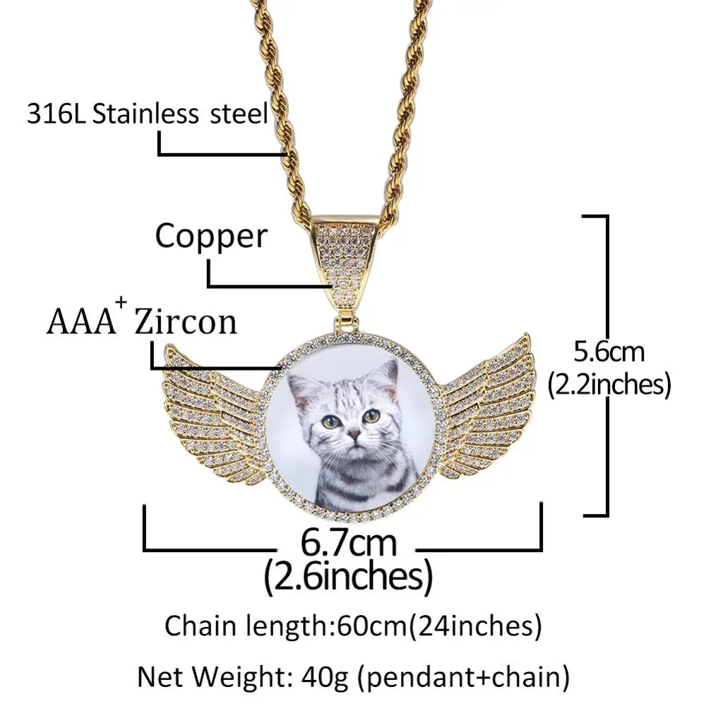 UWIN CZ Custom Made Round Photo Pendant Necklace Gold Wings Soild Back Full Iced Out Cubic Zirconia Hiphop Jewelry for Gifts