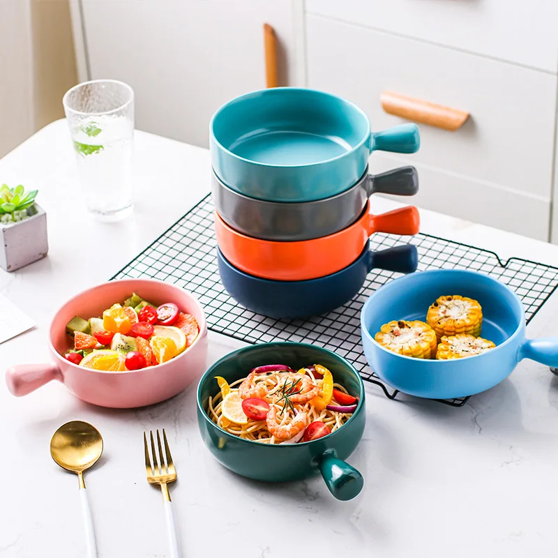

Japanese ramen salad bowl With handle Colorful cute ceramic soup bowls set European porcelain korean kitchen Household Tableware