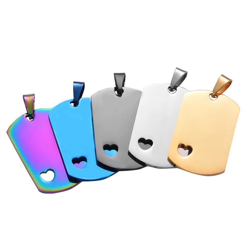 5pcs No Fade Military Army ID Wholesale Stainless Steel Heart Blank Dog Tags Pendant Rectangle Necklace Jewelry 24*40mm 6 Colors