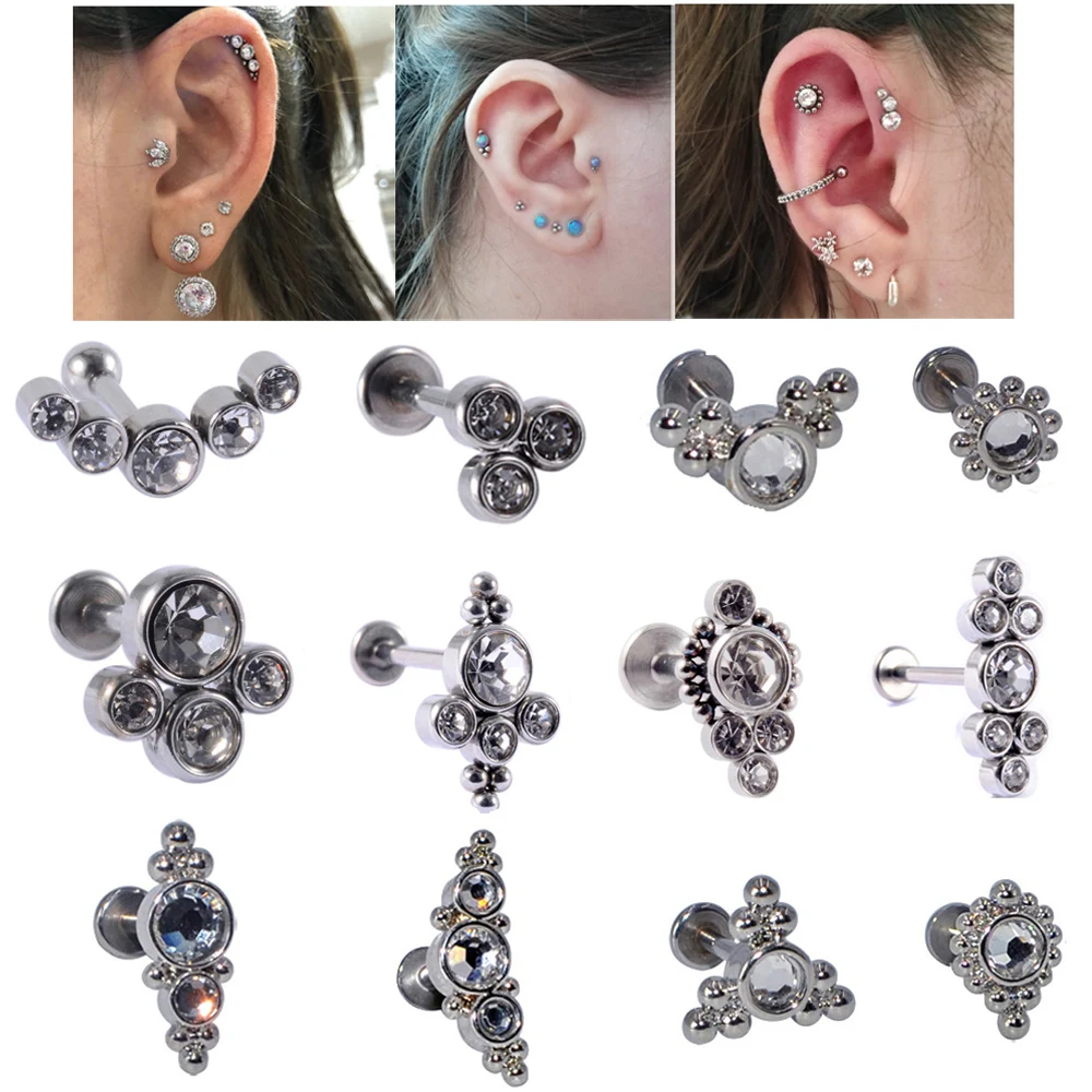 1PCS 16G G23 Titanium&Steel Opal Cluster Ear Tragus Helix Cartilage Cz Gem Earrings Stud Labret Bar Ring Woman New Body Piercing