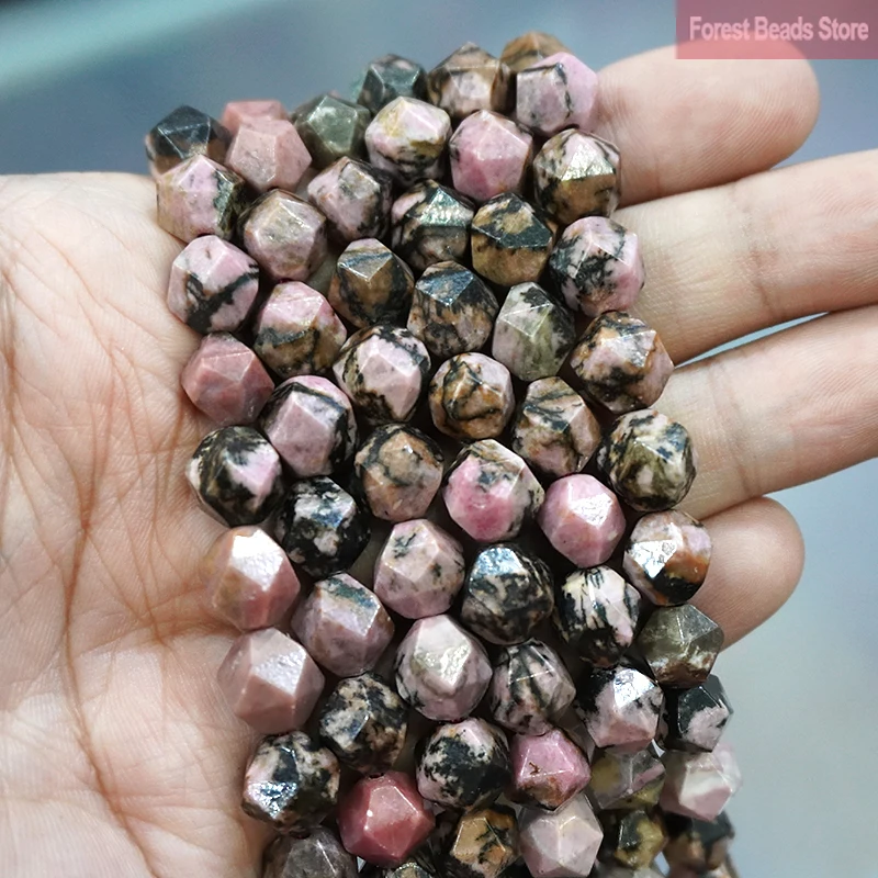 Faceted Natural Stone Black Lace Rhodonite Spacers Beads DIY Charms Bracelet Necklace for Jewelry Making 14