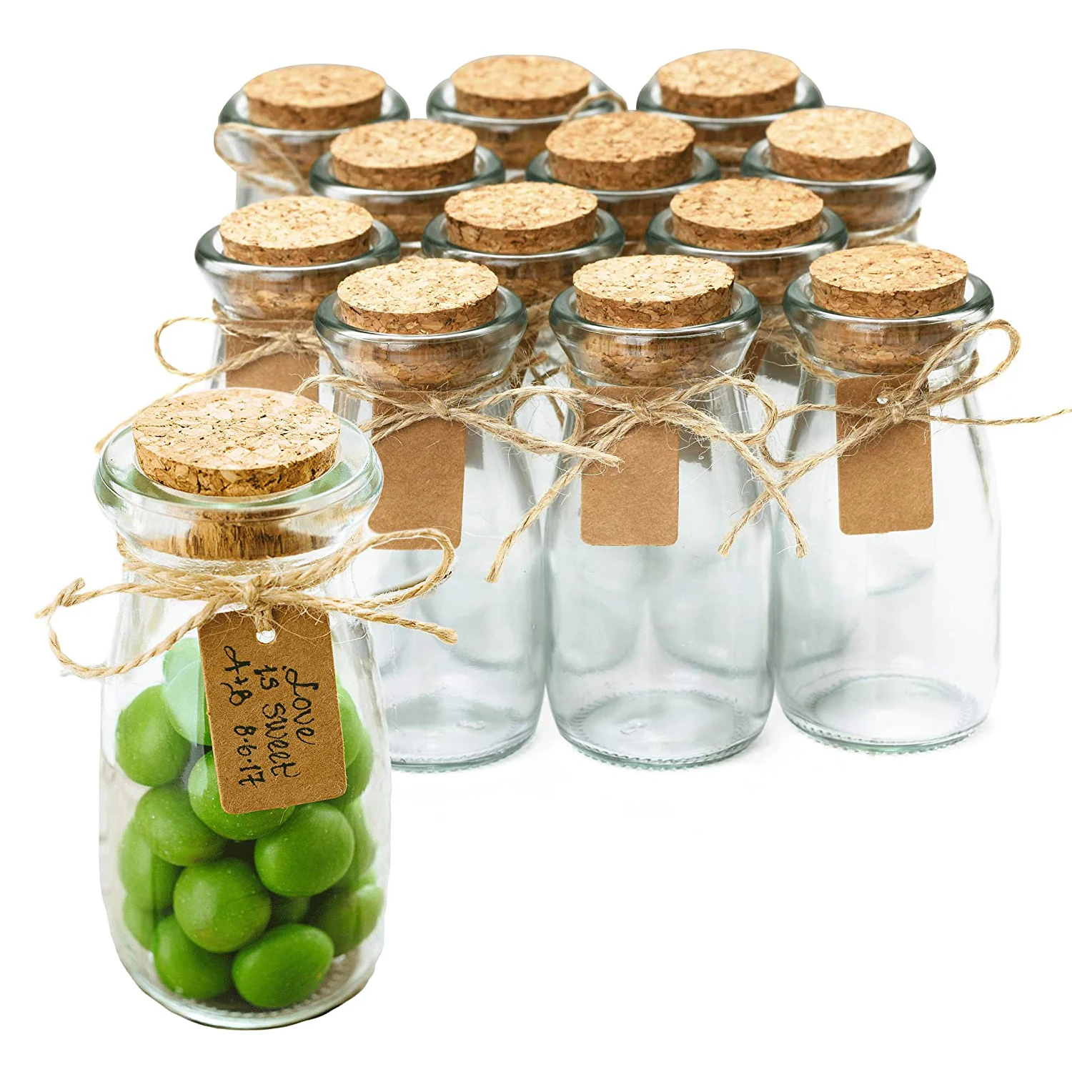 

Small Glass Bottles with Cork - 3.4 oz Mini Jars with Lids for Party Favors, Wedding, Apothecary, Spices, Candy Containers