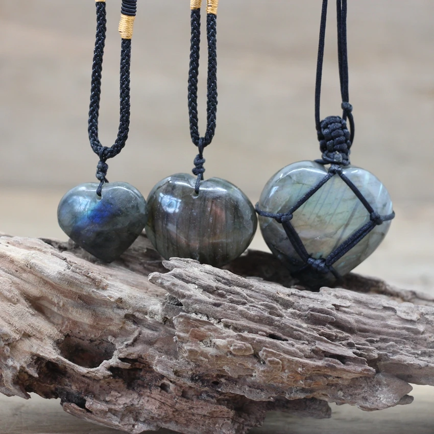 

Natural Labradorite Heart Pendant Wrap Braid Necklaces,Chakra Healing Reiki Stone Yoga Macrame Necklace Energy Jewelry,QC3801