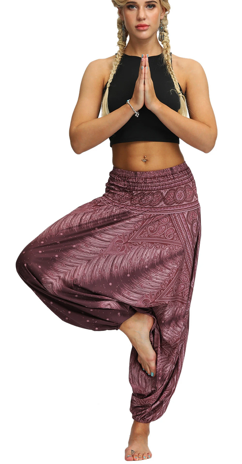 New Women\'s Bohemian Yoga Pants Hippy Harem Smocked Waist Trousers Flowy Loose Sports Beach Pants