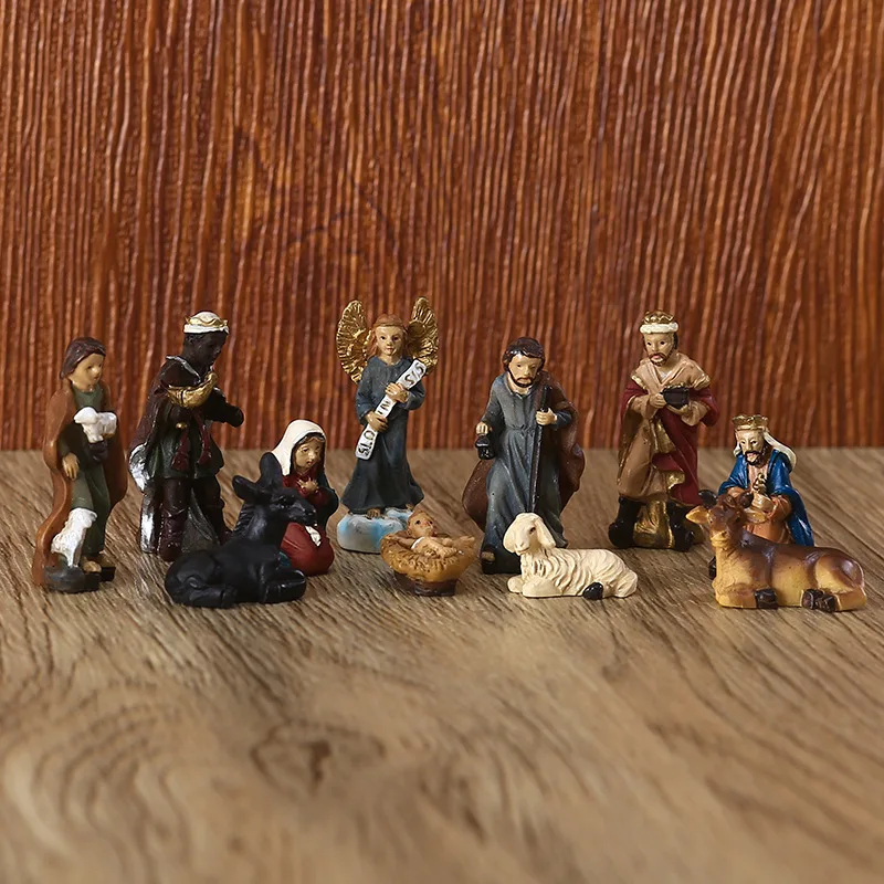 11Pcs/set 3cm Manger Set Religious Decoration Mini Ornaments Holy Child Nativity Resin Crafts