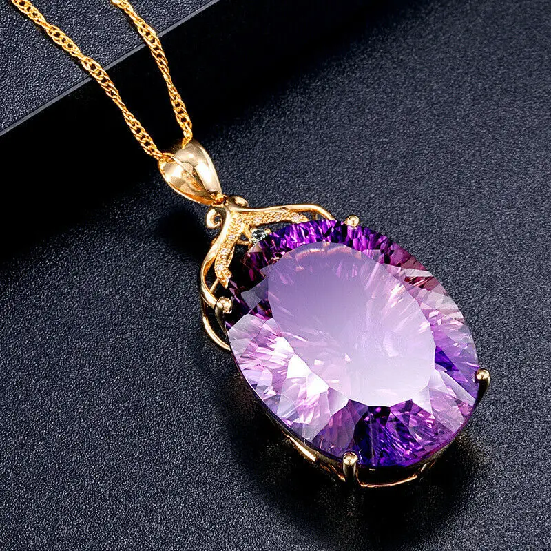 

Charm 18k Gold Plated 36CT Amethyst Color Oval Crystal Pendant Necklace Wedding Party Jewelry for Women