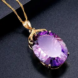 Elegant Amethyst Necklace for Women 18k Gold Plated Purple Cubic Zirconia Crystal Oval Pendant Lady's Wedding Trendy Jewelry