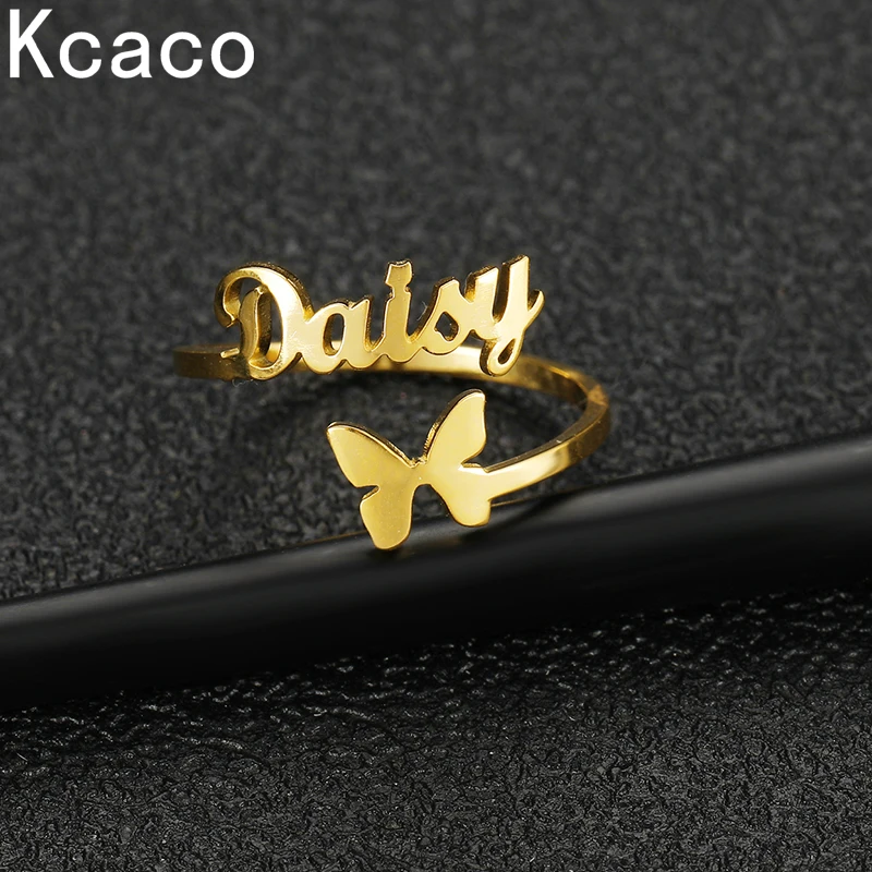 

Kcaco Custom Name Ring with Butterfly Stainless Steel Adjustable Personalized Women Wedding Rings Unique Chrismas Jewelry Gifts