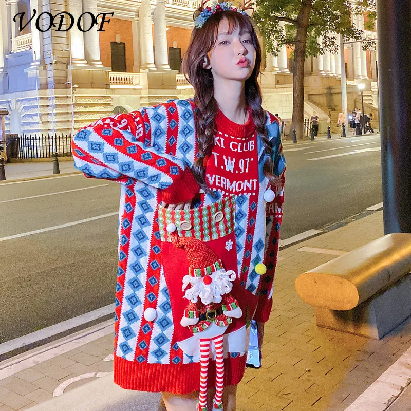 VODOF Fashion Christmas Sweaters Women Long Sleeve Autumn Winter Deer Print Knitted Female Pullover Chic Ladies Sweater