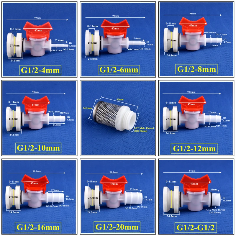 1~30 Sets/lot G1/2 To 4~20mm ABS Water Tank Connector POM Valve Set Aquarium Tank Joint Garden Irrigation Water Pool Hose Joint