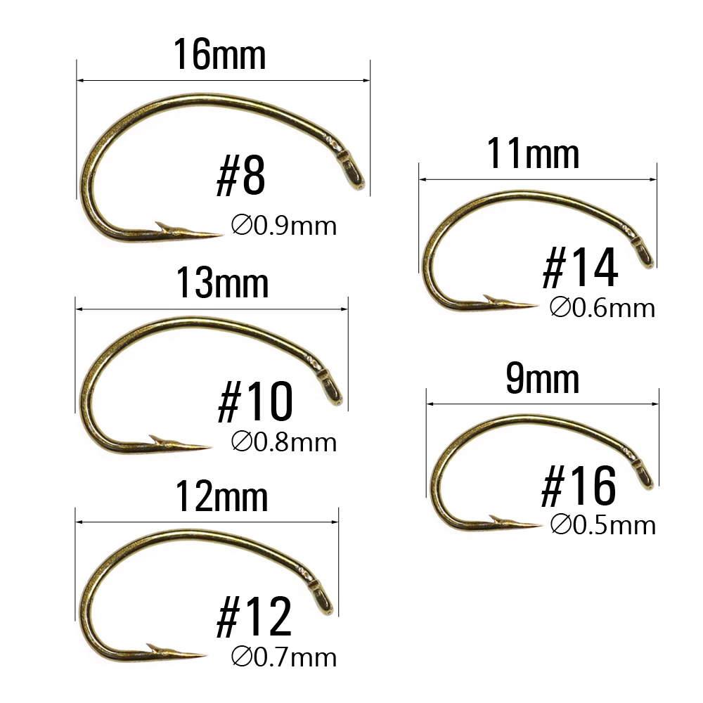 ICERIO 100PCS Fly Tying Hook Continous Bend Down-eye Forged Reversed Scud Shrimp Worms Caddis Nymph Fishing Material