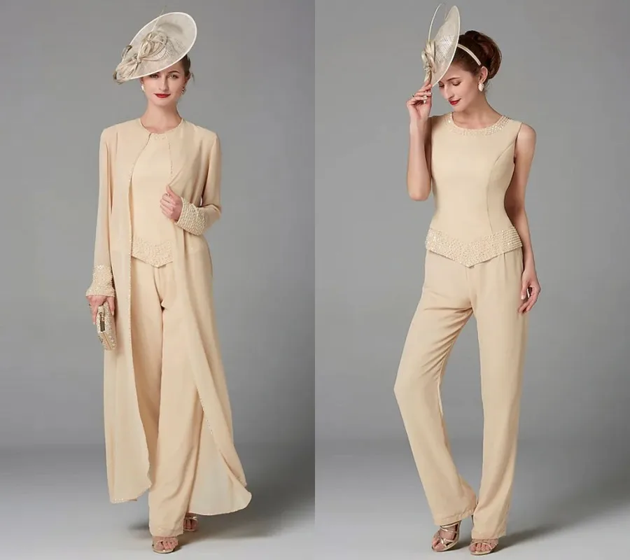 Pantsuit/Jumpsuit Mẹ Của Cô Dâu Đầm Plus Kích Thước Thanh Lịch Bateau Cổ Tầng Dài Voan Đính Hạt 2 Mảnh Áo Dây de Soriee