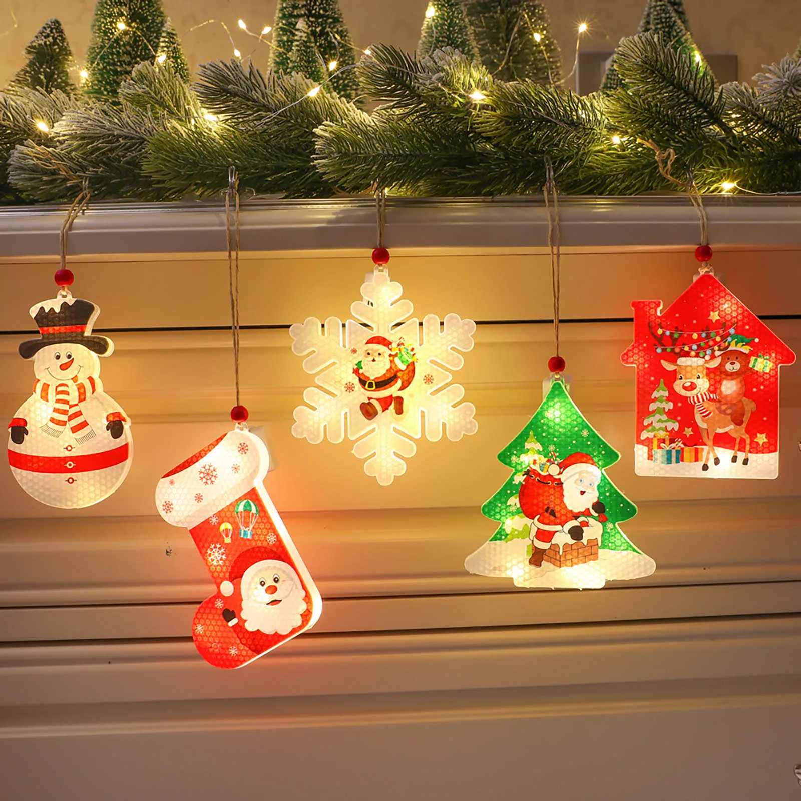 Christmas Light Decor Hanging LED Santa Tree Decor New Year Party Hanging Pendant Xmas Tree Santa Snowman Snowflakes Ornaments