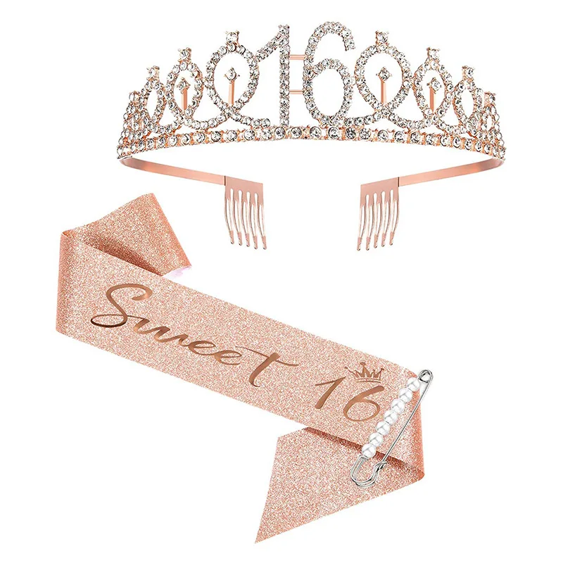 

Rose Gold Birthday Tiara Sash Aldult Girl Glitter Sashes+Silver Crystal 16 18 21th Crown Headwear for Birthday Party Decorations