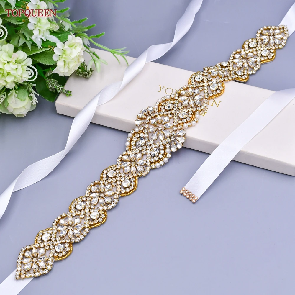 TOPQUEEN S161B-G Bride Dress Belt Luxury Crystal Golden Women Saree Wide Rhinestones Applique for Evening Wedding Dress Gifts