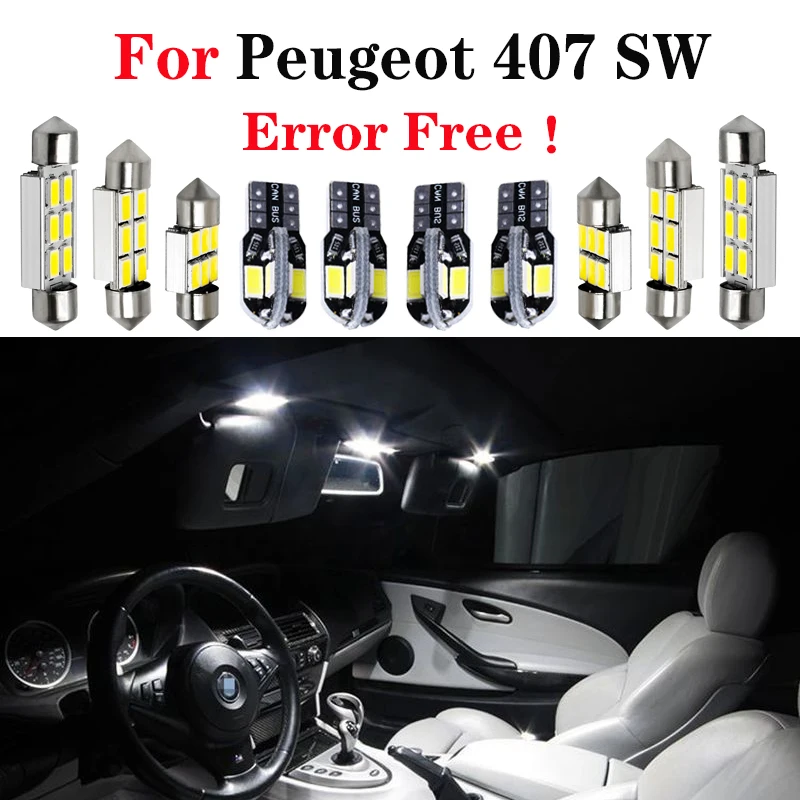 11x Canbus White LED Light Bulbs Interior Kit For For 2004-2010 Peugeot 407 SW Map Glove Box Trunk Cargo License Lamp 12V Car
