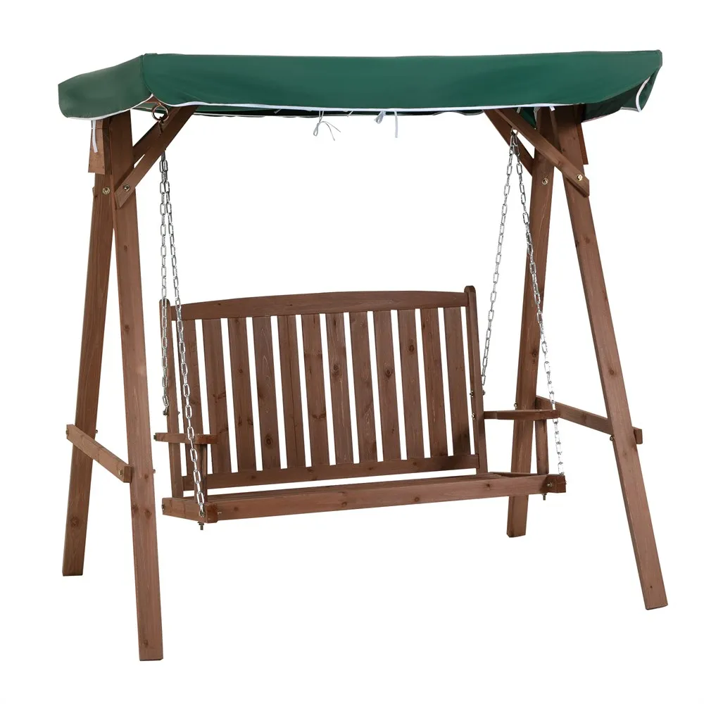 Outsunny wooden garden swing bench with green canopy load 227 kg rocker Patio outdoor terrace sun protection Brown