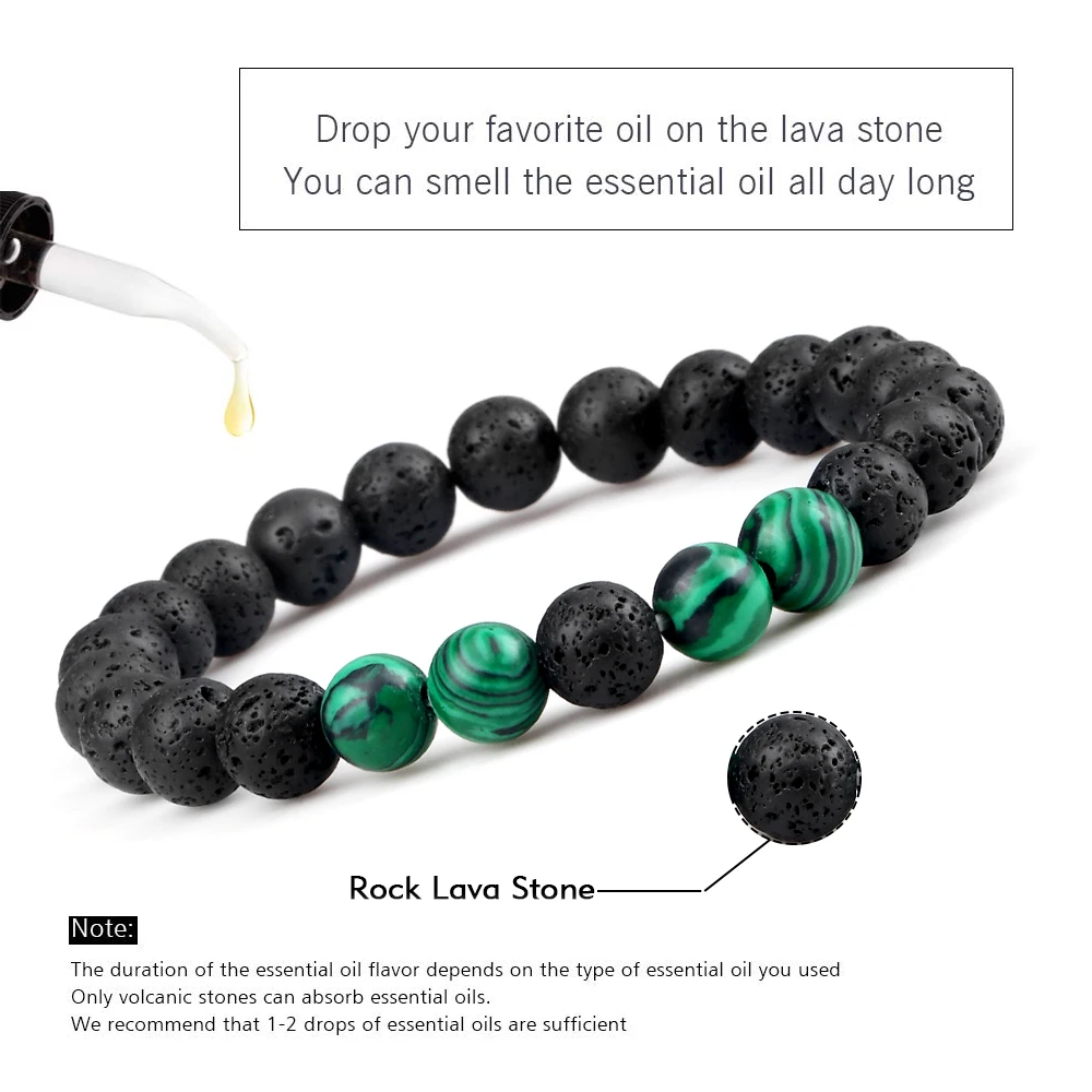 Pulsera de cuentas de Lava de piedra Natural para hombre, brazaletes elásticos hechos a mano de malaquita, howlita, hematita, roca volcánica,