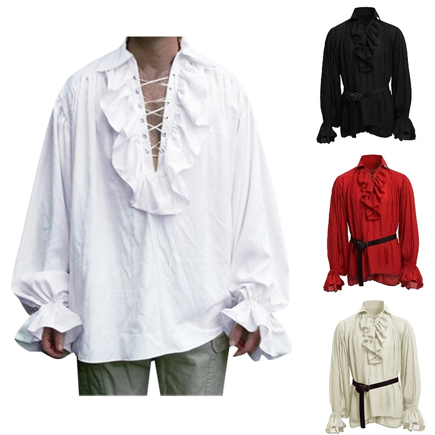 Medieval Renaissance Lacing Up Shirt Bandage Tops For Adut Men Larp Vintage Costume Fluffy Long Sleeve For Male Plus Size S-5XL