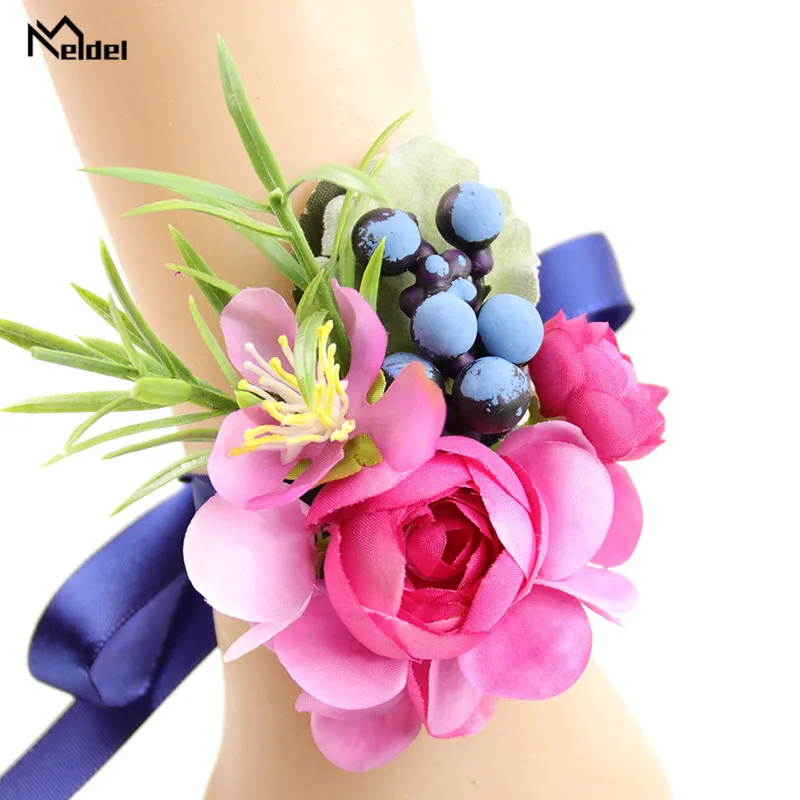 Meldel Groomsmen Boutonniere Bridesmaid Wrist Corsage Flower Girl Wedding Bracelet Flower Boutonniere Wedding Rose Berry Corsage