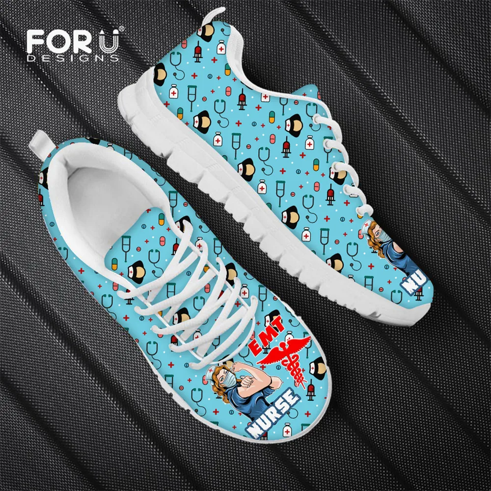 FORUDESIGNS Paramedic EMT EMS/Nurse Blue Women's Shoes Flats Casual Sneakers Nursing Lace-up Air Mesh Female Light Zapatos Mujer