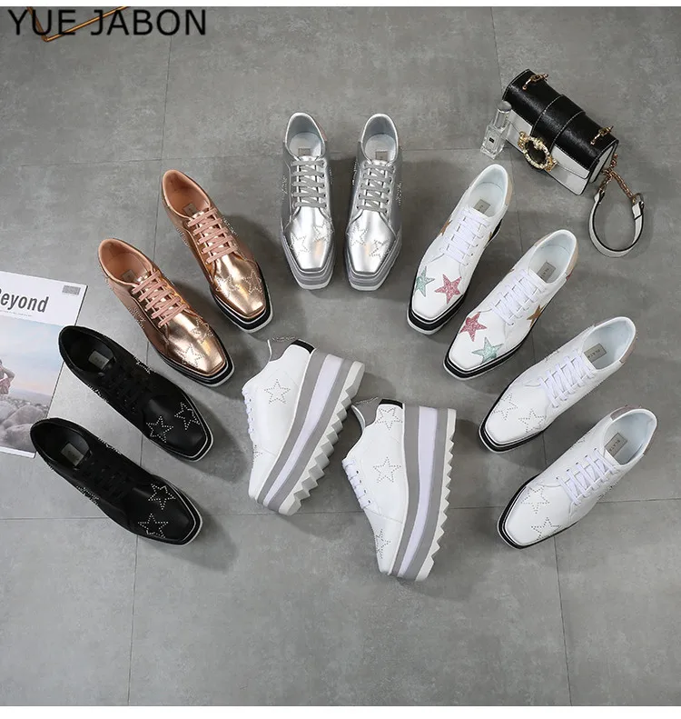 YUE JABON Height Increasing Star Rivet Shoes Classic Platform Rose Gold Shoes Mix Color Square Toe Wedge Shoes Lace Up Lady Shoe