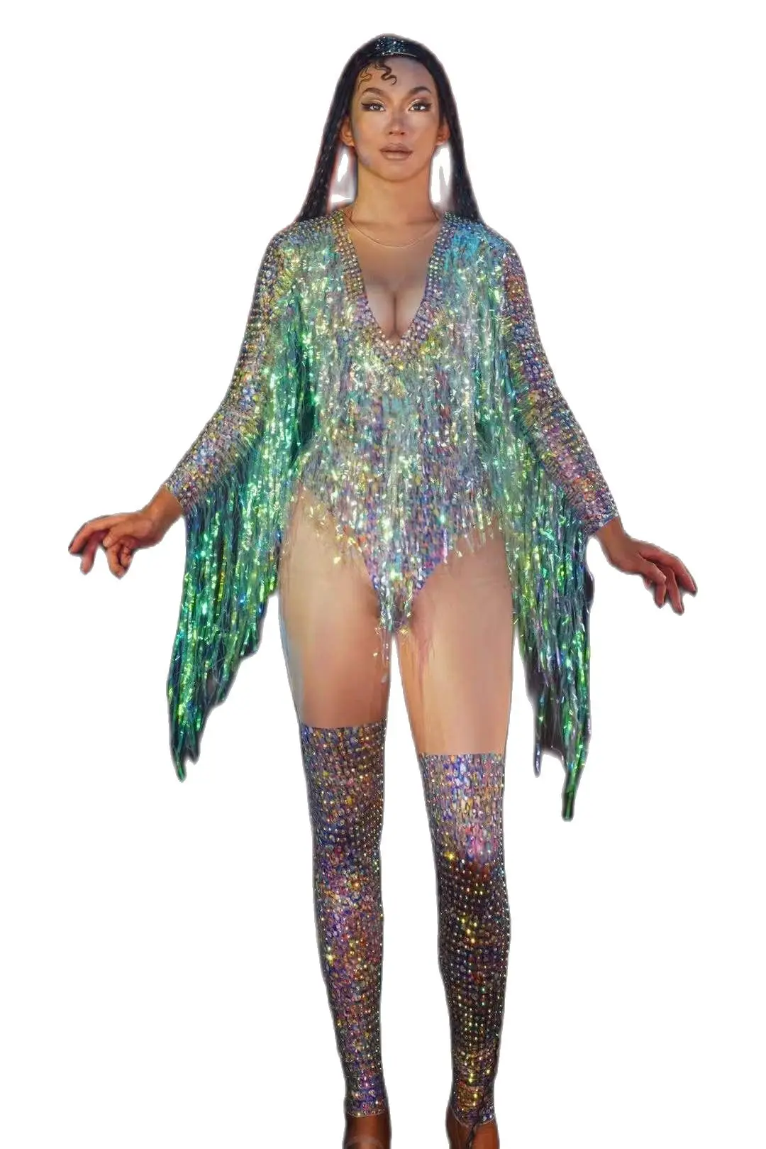 Colorful Glitter Fringe Jumpsuit Women Rhinestone Costume Nightclub Rave Outfit Party Wear Dance Singer Stage Performance