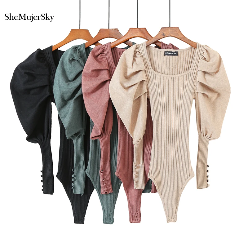 Autumn Knitted Bodysuits Women Vintage Square Collar Puff Sleeve Bodysuit Solid Color Slim Jumpsuit