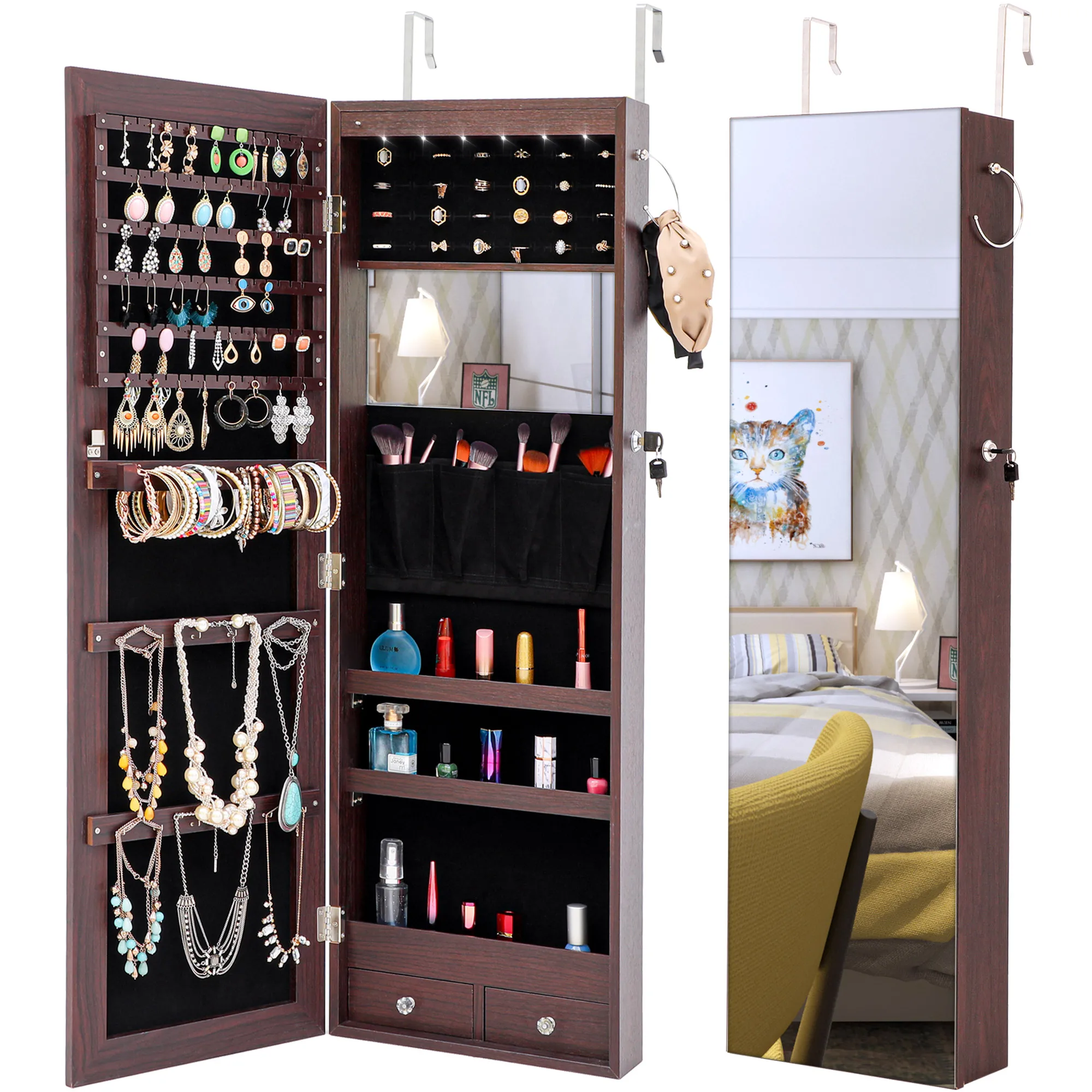 Two Colors Fashion Simple Jewelry Storage Mirror Cabinet With LED Lights Can Be Hung On The Door Or Wall