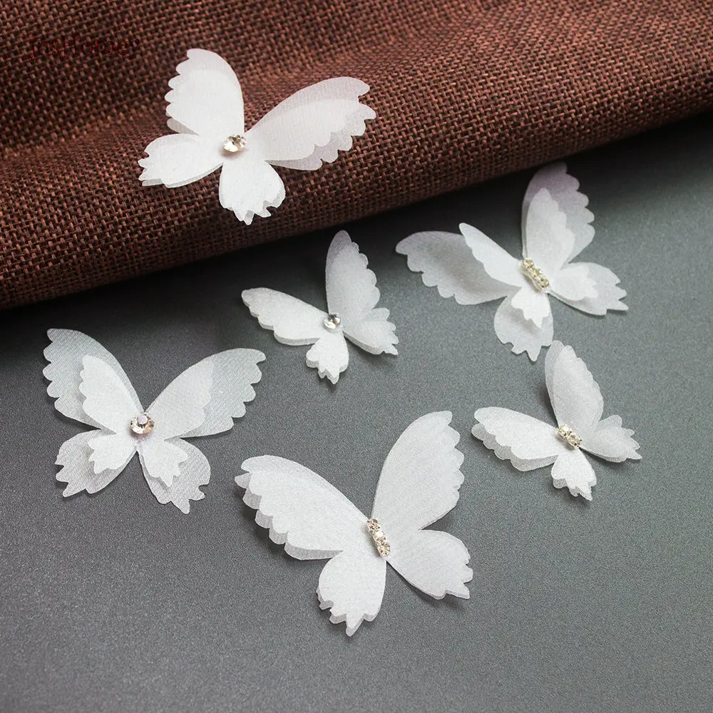 100PCS white Organza Butterfly Fabric Appliques 45mm Double-Layer Translucent Chiffon Butterfly for Wedding Party Decor