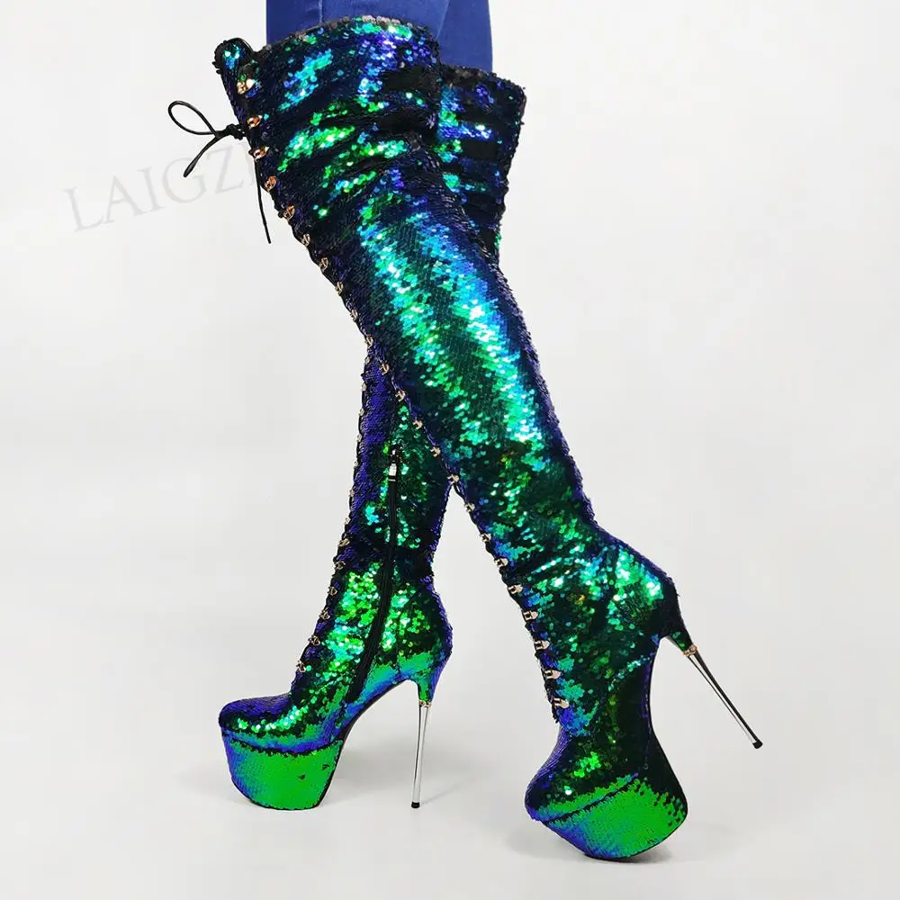 SEIIHEM SUPER Women Over Knee High Boots Party Glitter Round Toe Boots Thigh High Shoes Woman Dragqueen Big Size 33 39 42 43