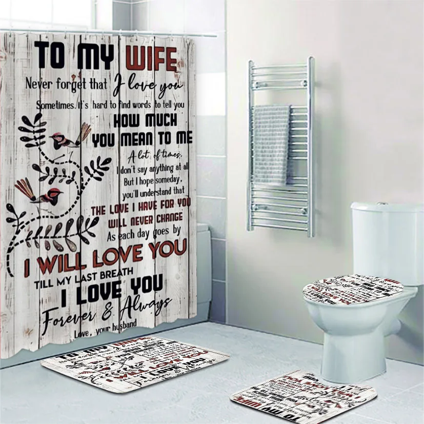 Wood Letter To My Wife from Husband Shower Curtain and Bath Rug Set Married Couple Bathroom Curtains Mats Home Decor Lover Gift