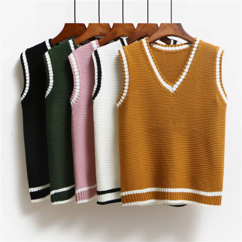 Spring V-Neck Spliced Knitted Vest Women Casual Loose Pullover Sweater  Autumn New Solid Basic Sleeveless Tank Tops