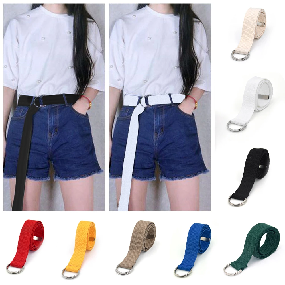 2021 Unisex Canvas Solid Color Belts D Ring Double Buckle Waist Strap Women Men Teenager Long Wide  Belt