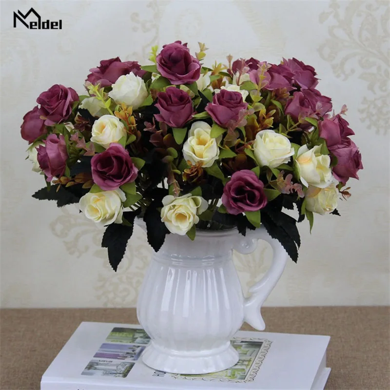 Meldel Autumn Color Small Rose Silk Bouquet Flowers Artificial Flowers Bride Hand Flowers Wedding Home Decoration Fake Flowers