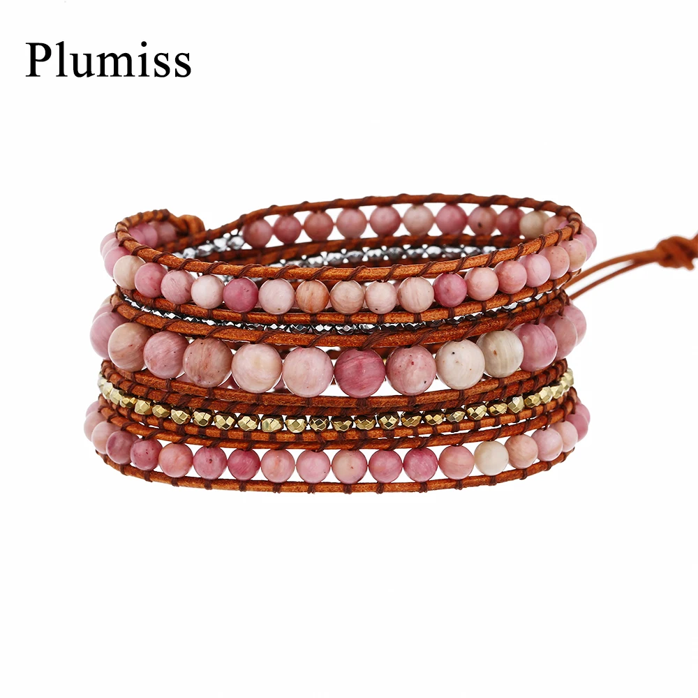 Plumiss Rhodochrosite Wrap Bracelet for Women Rhodonite Hematite Boho Bracelets Female Jewelry Gift to Girlfriend Dropshipping