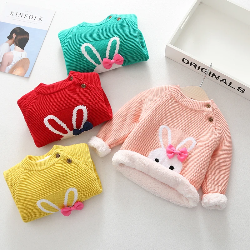 IENENS Winter Plus Velvet Sweaters Baby Girls Clothes Toddler Warm Sweater Coats Children Rabbit Thicken Wool Tops Fit 1-12Y