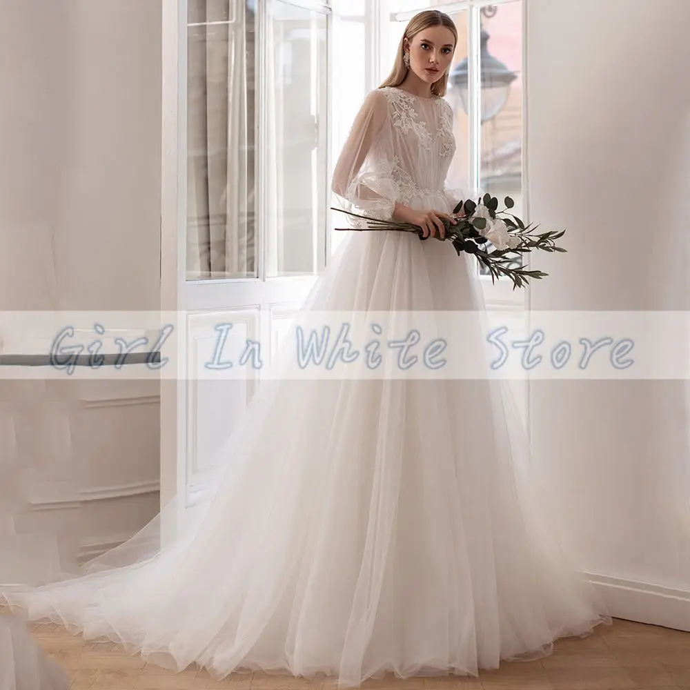 Abiti da sposa con applicazioni o-collo 2021 Illusion Back pizzo fiori perline corte dei treni A-Line maniche lunghe Vestido De Novia