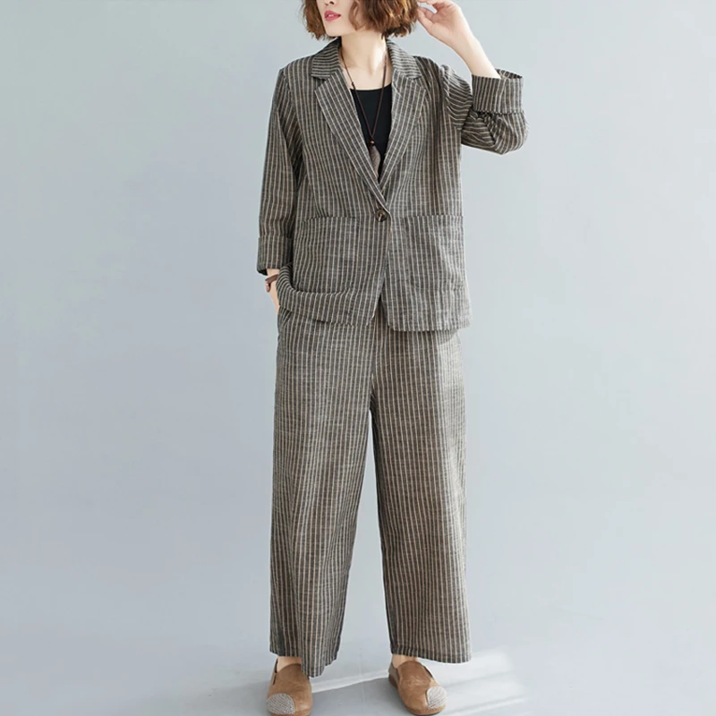 Spring summer new style literary leisure cotton linen striped one-button small suit wide-leg pants temperament fashion set women